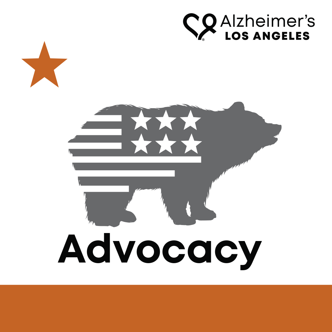 illustration of California flag with American flag and Alzheimer's Los Angeles logo