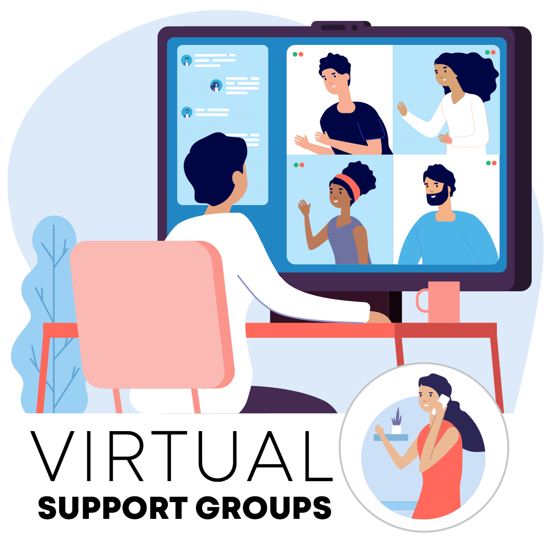 illustration of a person looking attending a virtual Alzheimer's support group