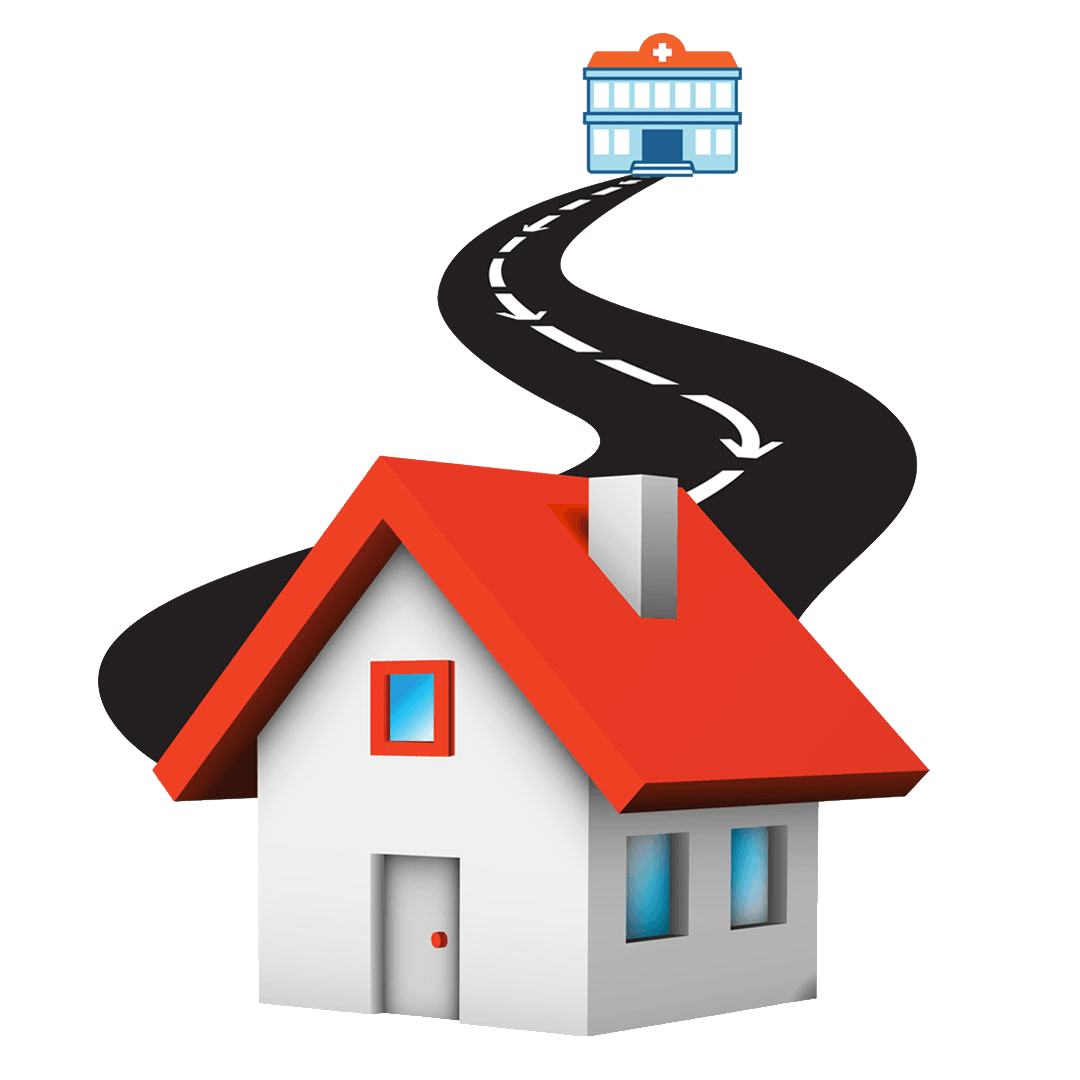 hospital-to-home-transitions illustration of a road going from hospital to home