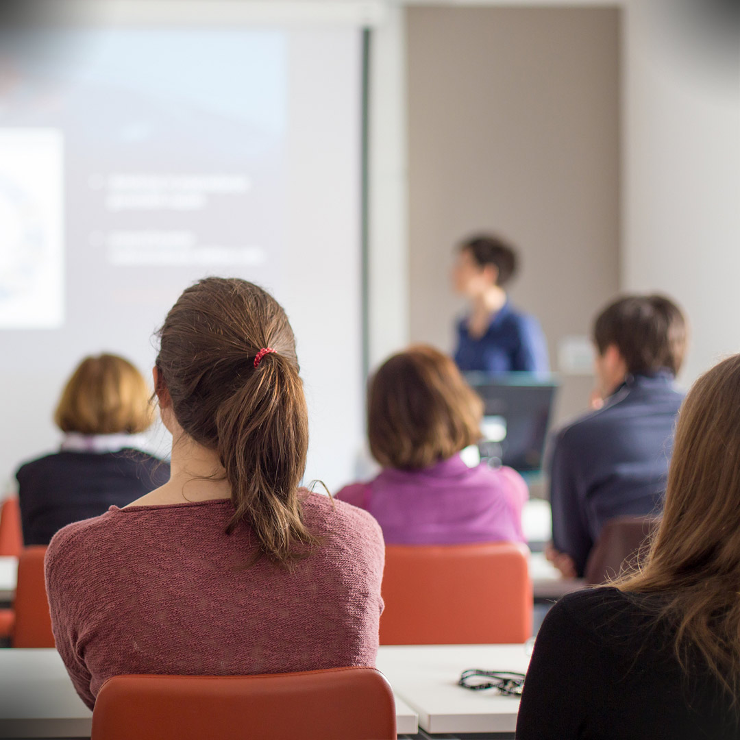 person presenting slide show to small audience