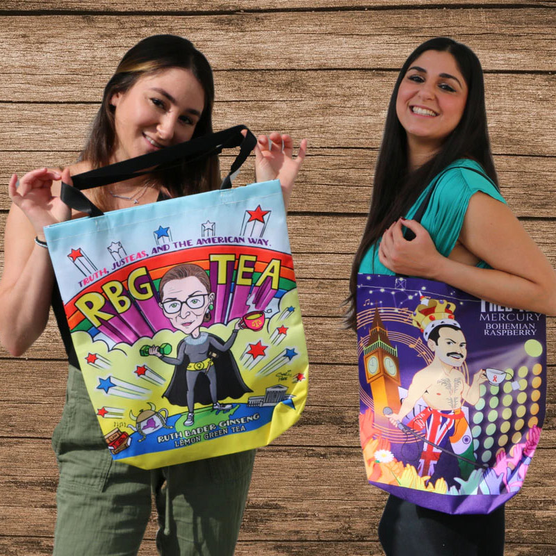 totebags printed with artwork from The TeaBook
