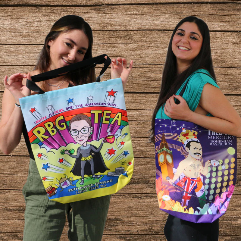 TeaBook-01 totebags printed with artwork from The TeaBook