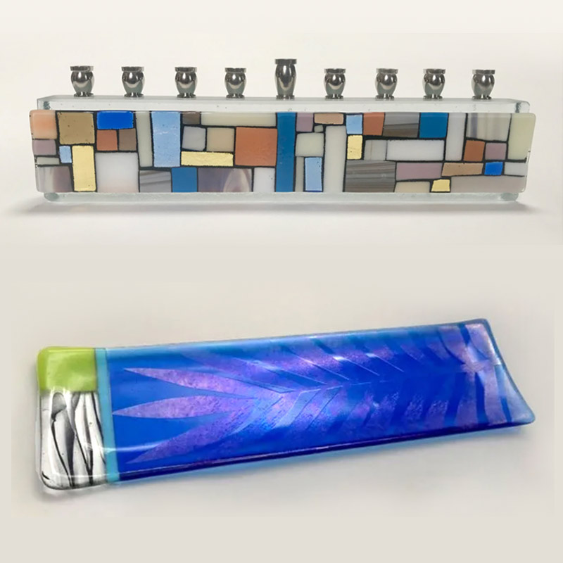 colorful glass Hanukkiah and tray