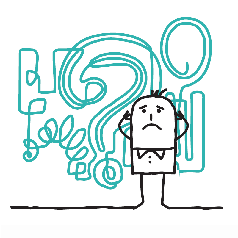 cartoon of man with hands on head with a large question mark behind him