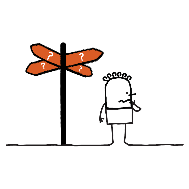 cartoon of person looking at a directional sign labelled with question marks