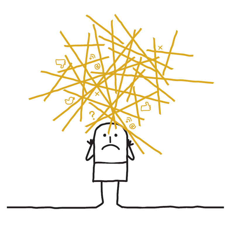 cartoon of man with hands on head and a mass of unorganized lines above head