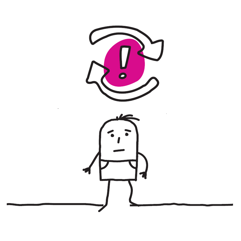 cartoon of person with circular arrows above head