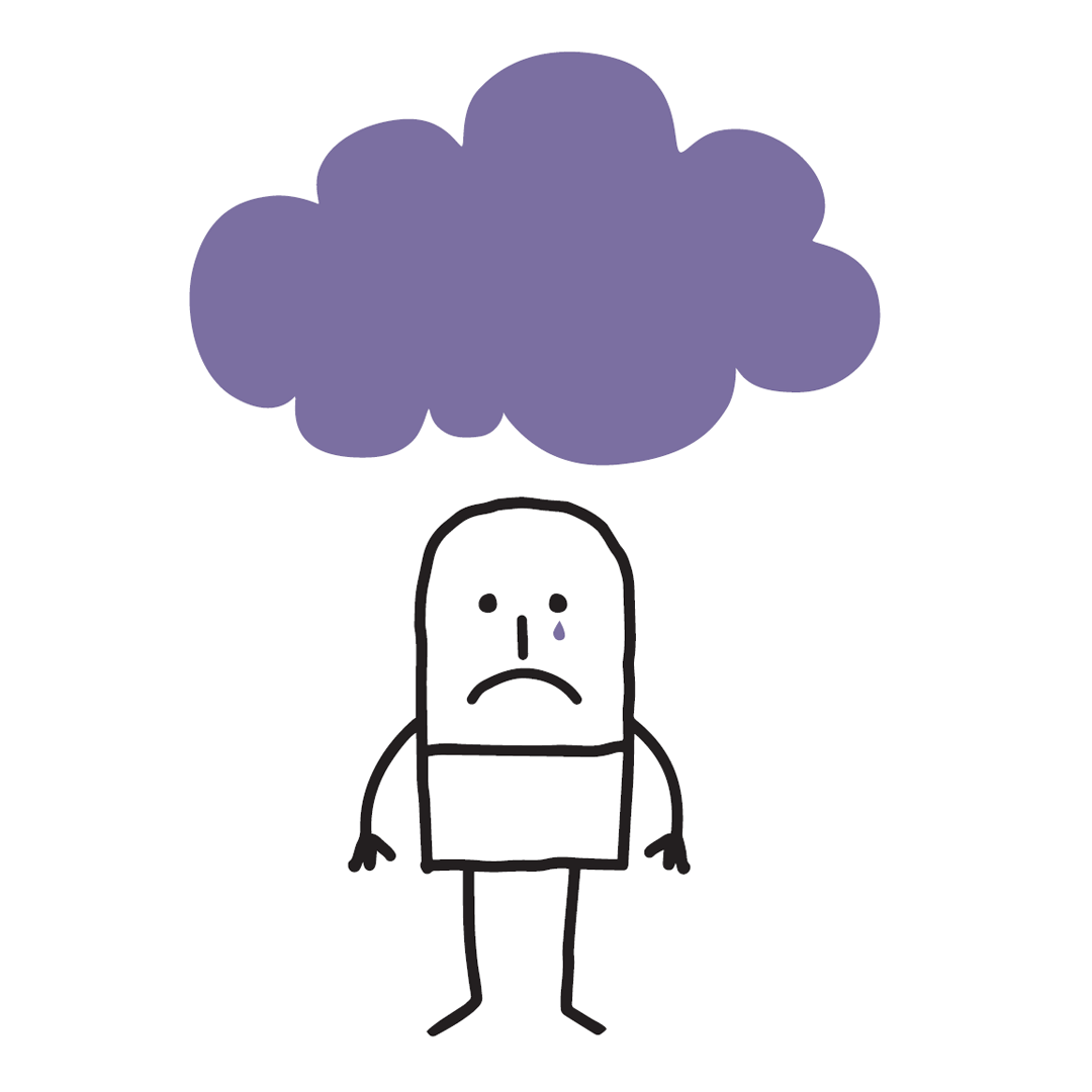 cartoon of person with a dark cloud above head and shedding a tear