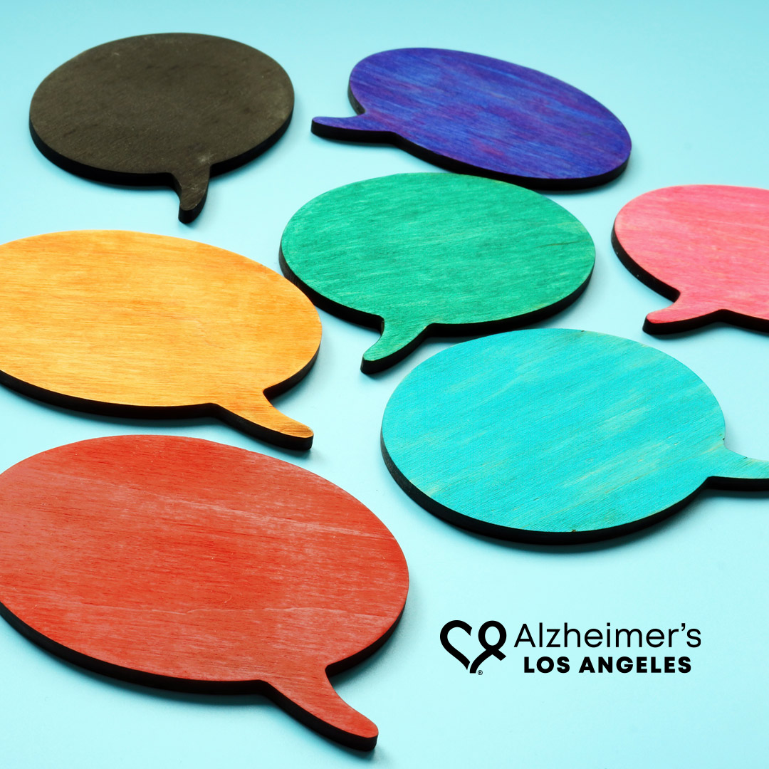 colorful speech bubbles and Alzheimer's Los Angeles logo