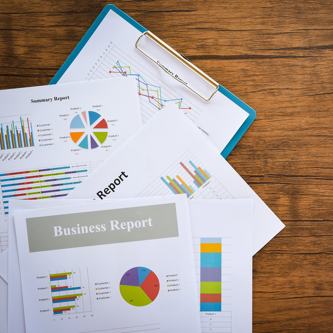 pages from a business report - graphs and charts of finances