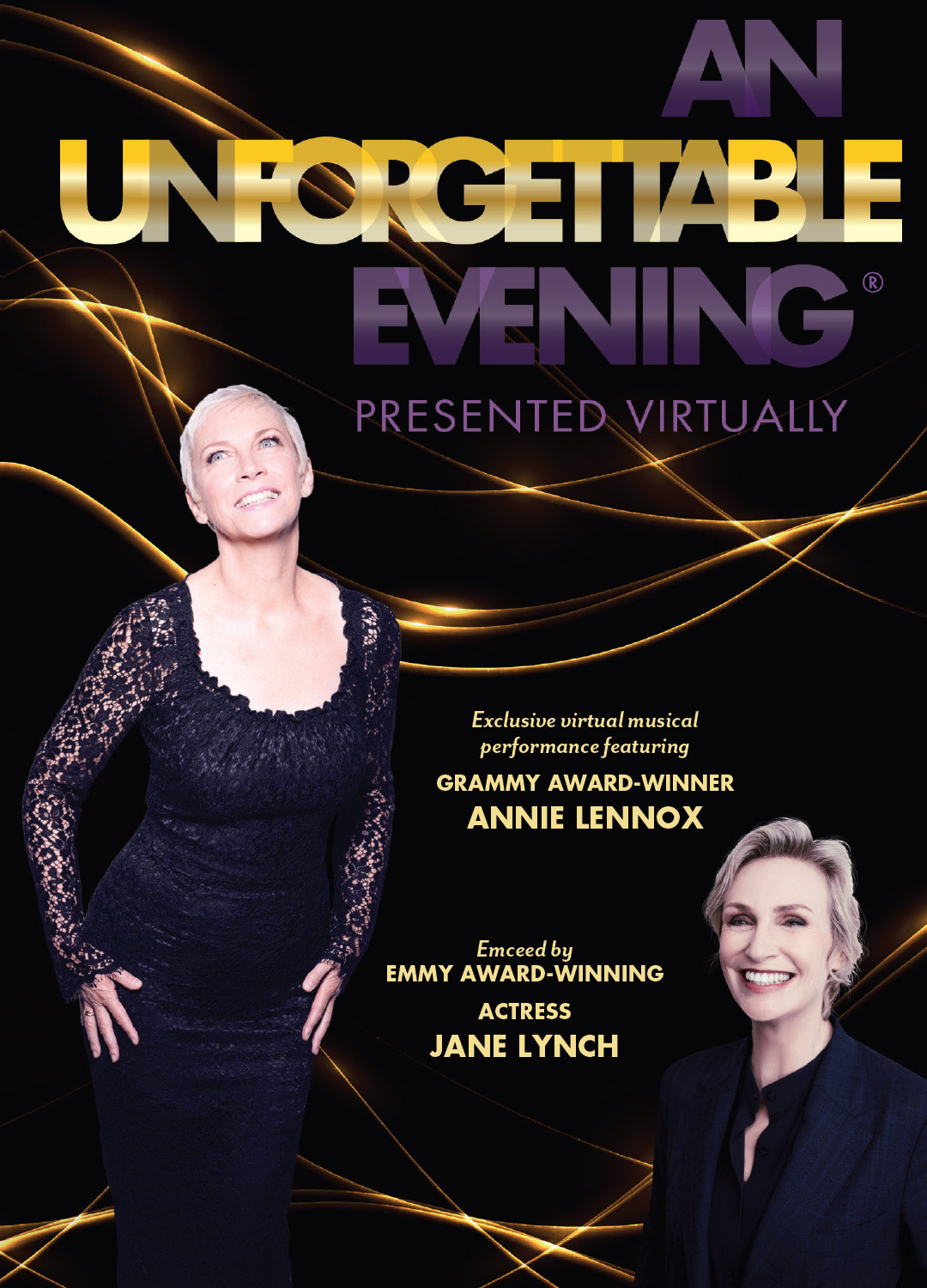 cover of An Unforgettable Evening 2021 invitation - with photos of Annie Lennox and Jane Lynch