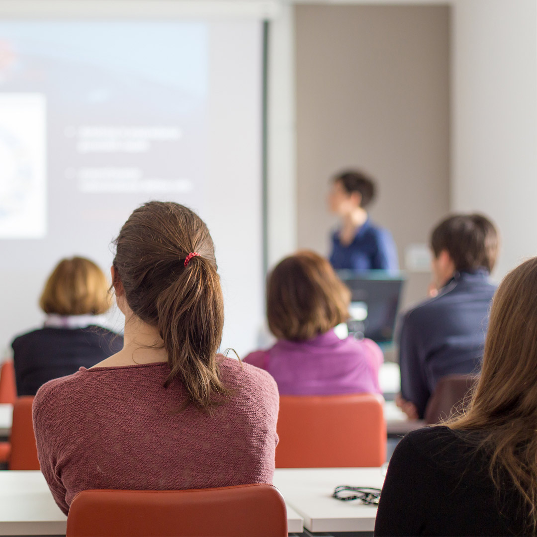 person presenting slide show to small audience