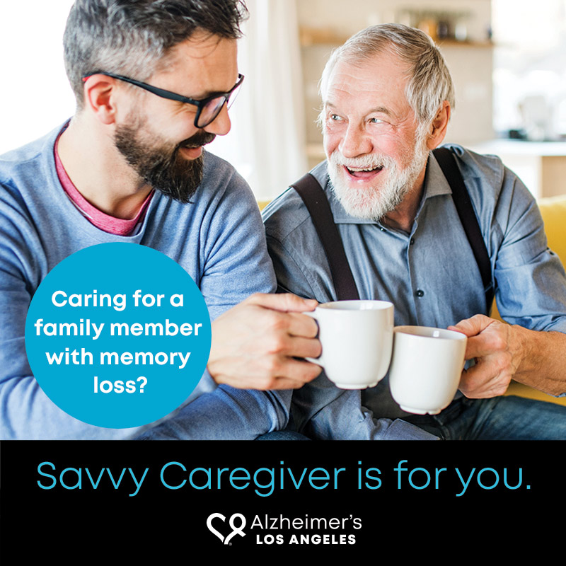 Savvy-Caregiver father and son having coffee together- Savvy Caregiver