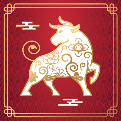 stylized illustration of an ox in gold and red
