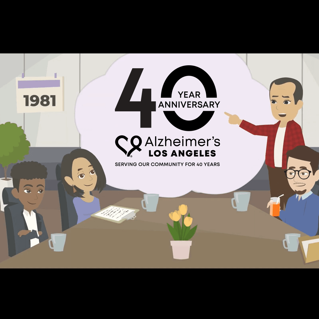 animation of man pointing at the 40th anniversary logo of Alzheimer's Los Angeles