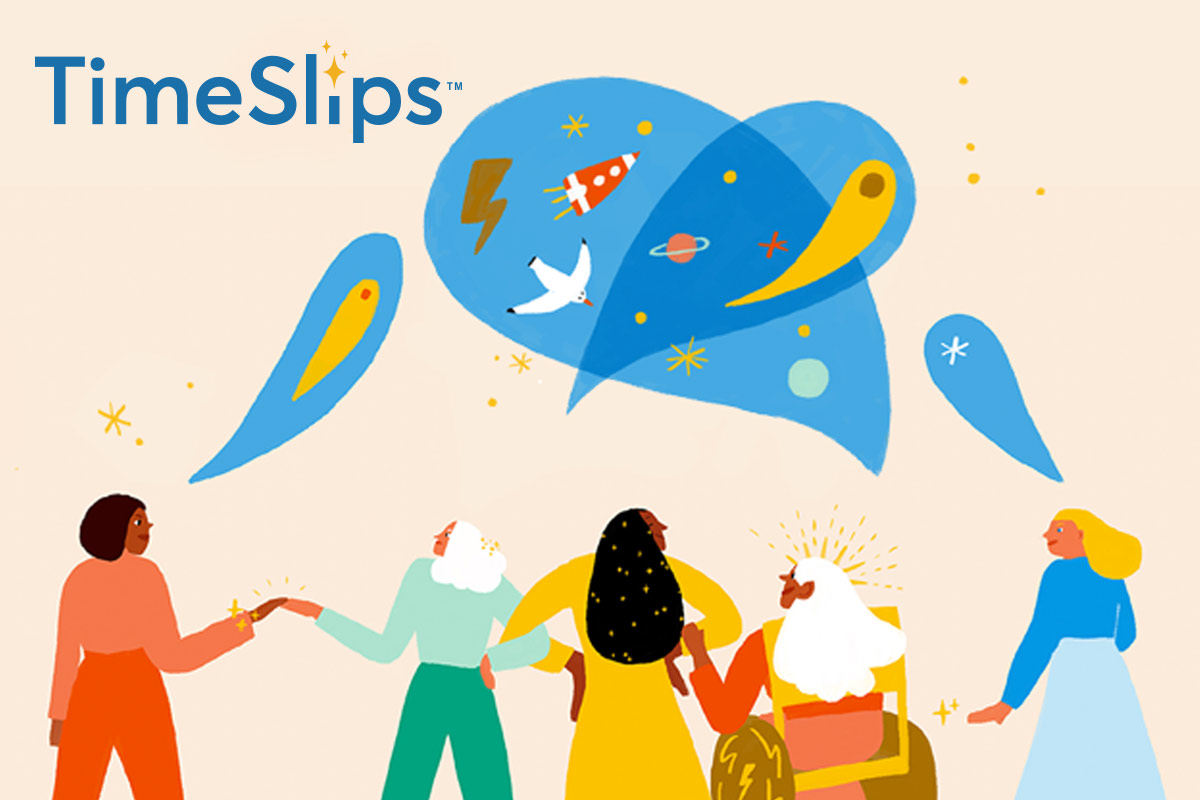 TimeSlips logo and illustration of people talking together to form combined speech bubble