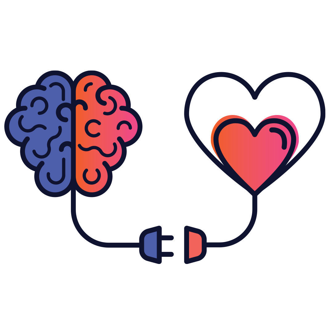 cartoon of a brain and a heart connected by an electrical plug