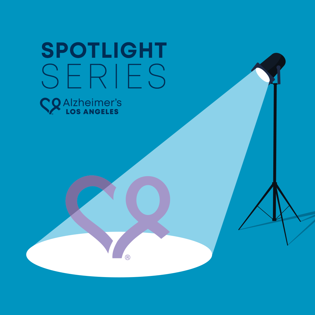 illustration of a spotlight shining on the Alzheimer's Los Angeles logo