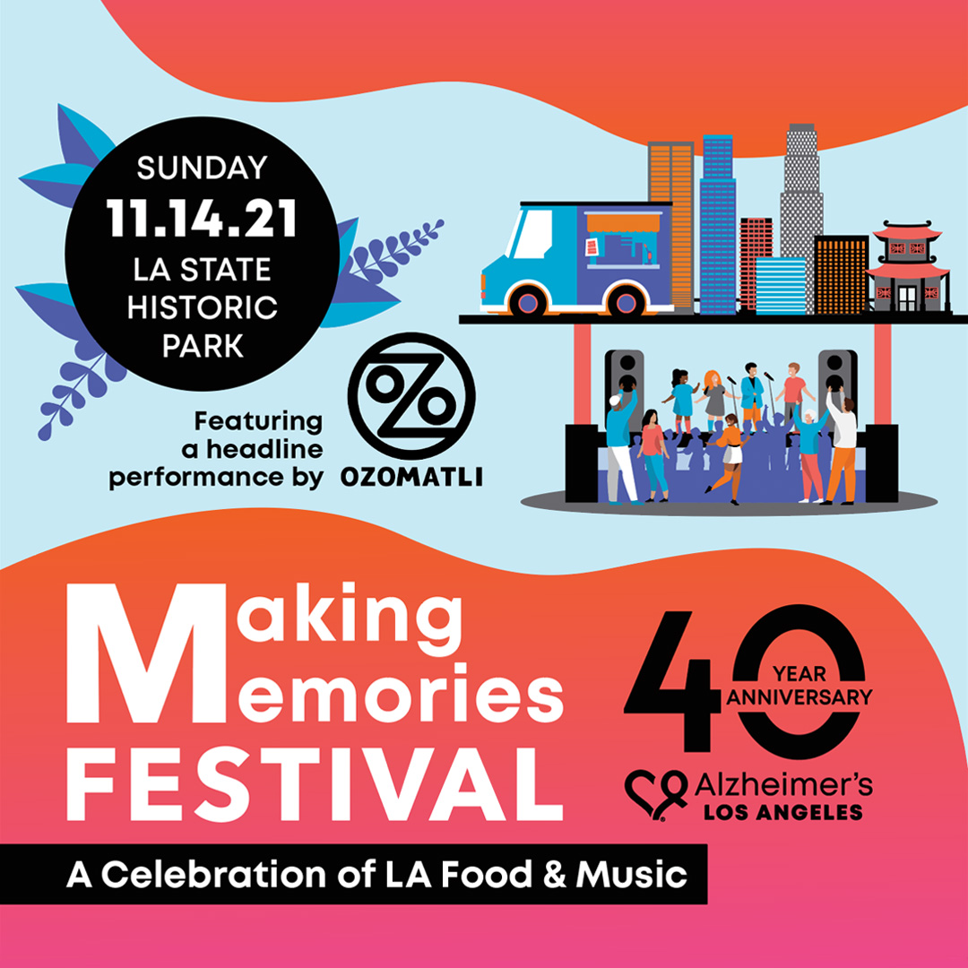 colorful illustration of Los Angeles skyline, music stage, food trucks and Ozomatli logo