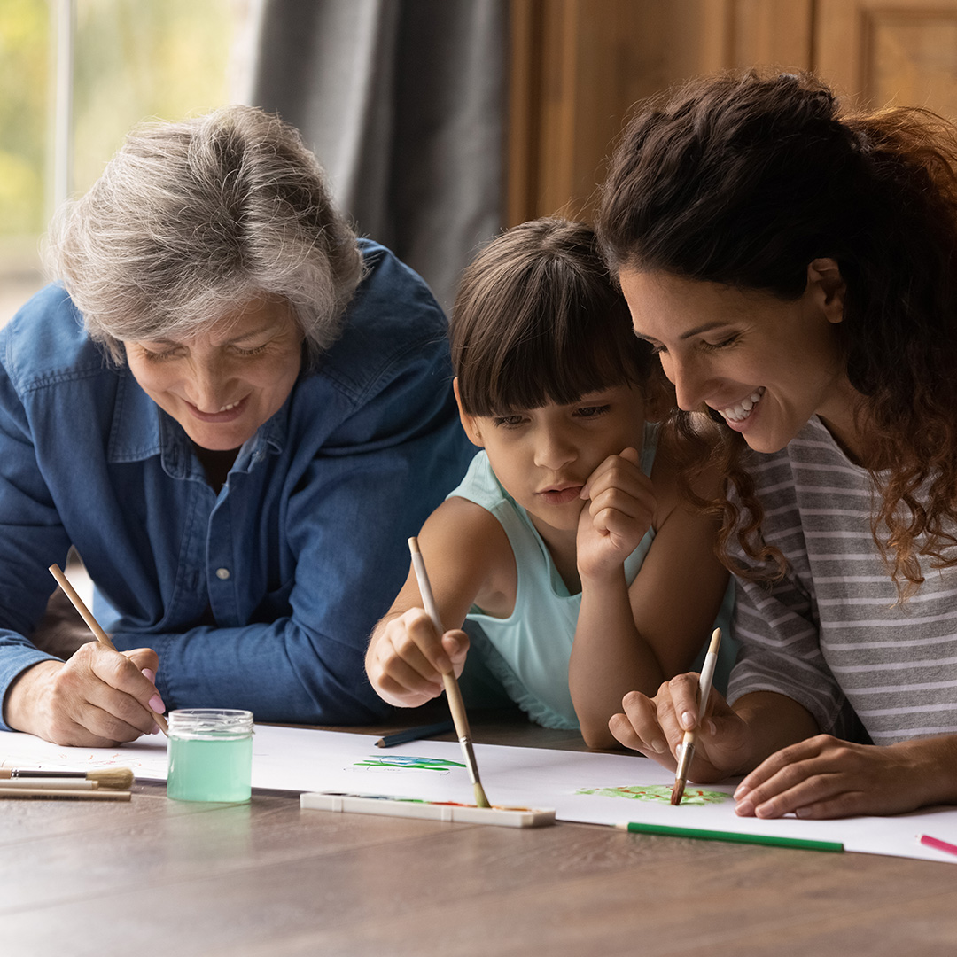 grandmother, mother and grandchild painting together