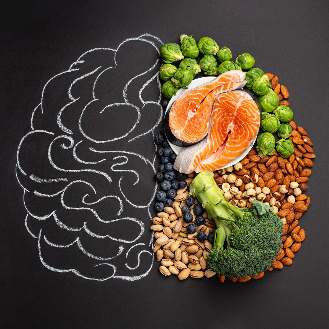 chalk illustration of brain with healthy foods