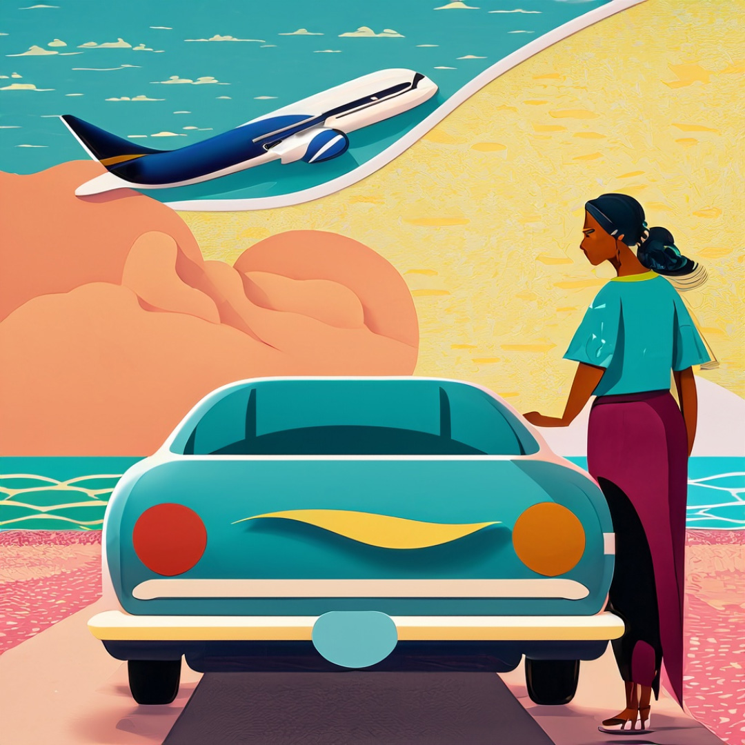 illustration of person getting into a car at the beach with a plane flying overhead
