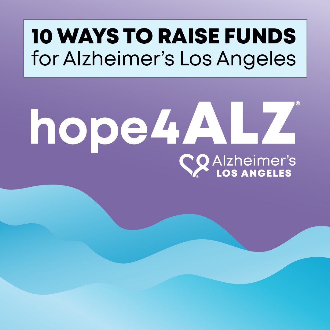 blue waves illustration on purple background with "hope4ALZ" and "10 Ways to Raise Funds"