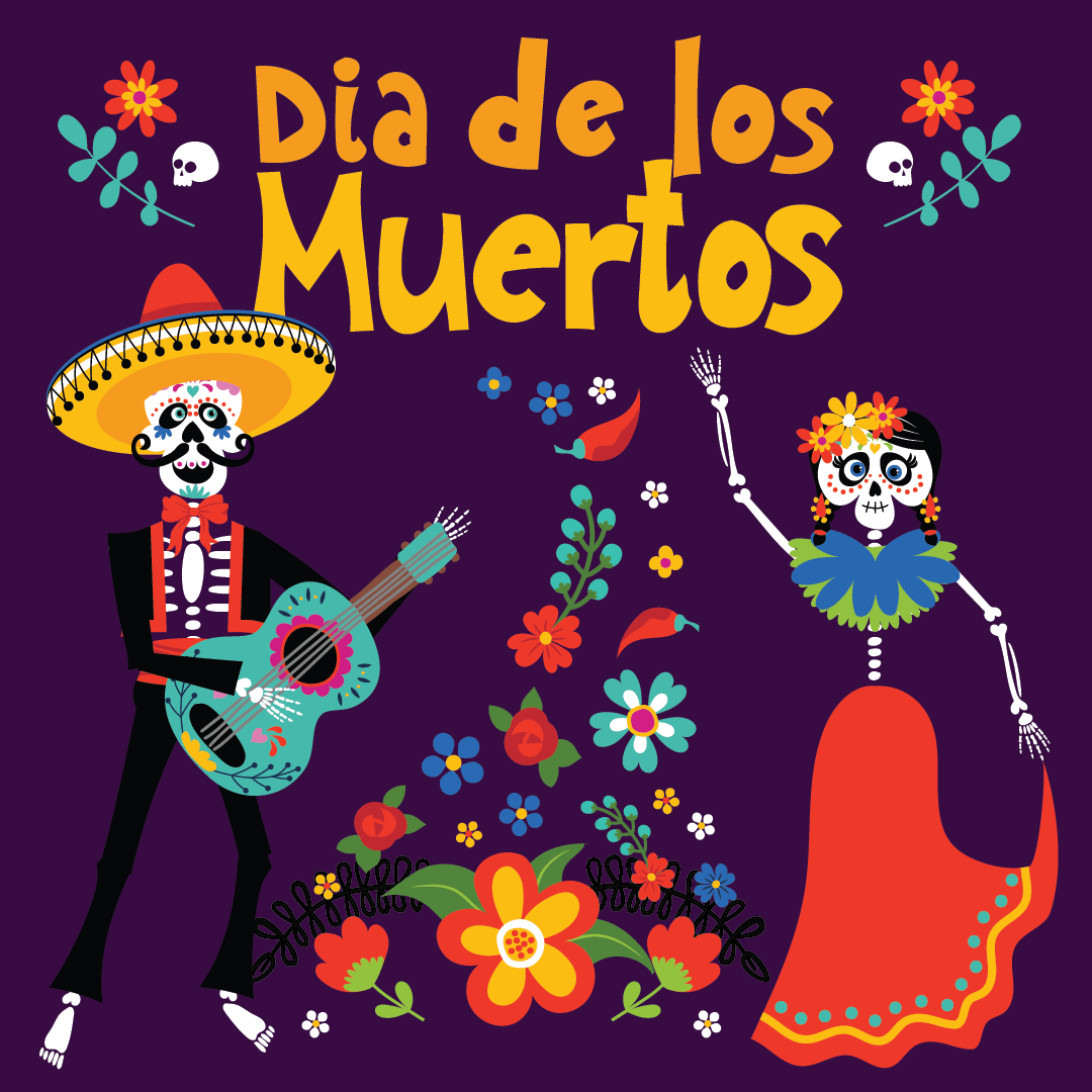 Dia de los muertos. Day of the dead. Sugar skull with sombrero playing guitar. Sugar skull dancing.