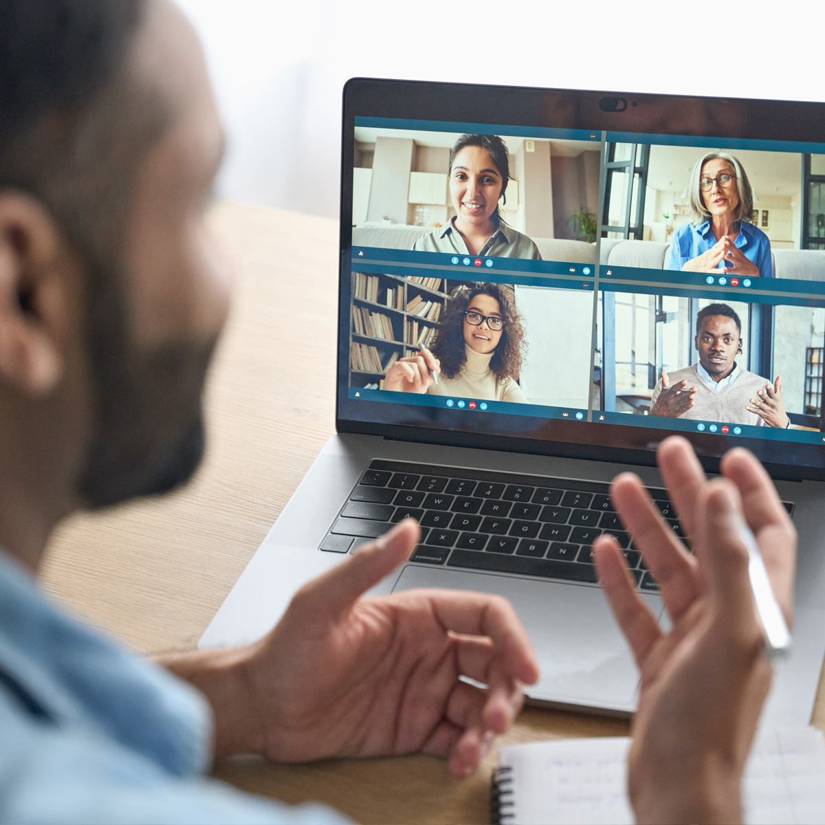 A man talking during a video call support group